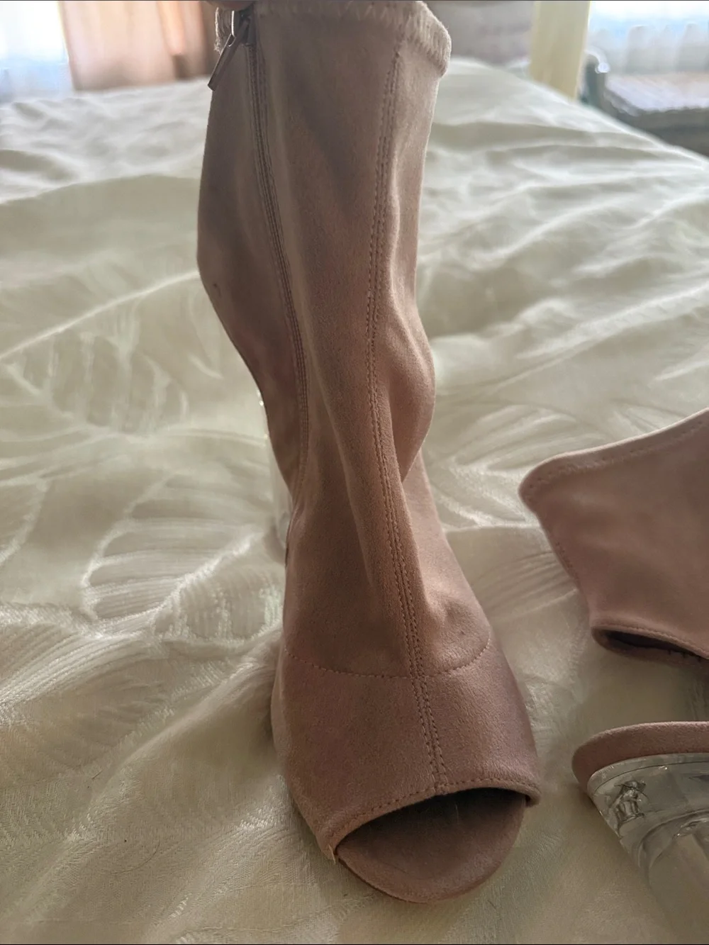 Women's Blush Pink Peep-Toe Sock Booties with Clear Block Heel
